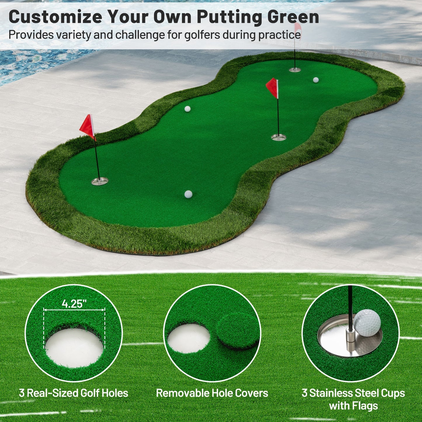 5 x 10 Feet Golf Practice Mat, 3 Holes, Green Golf at Gallery Canada