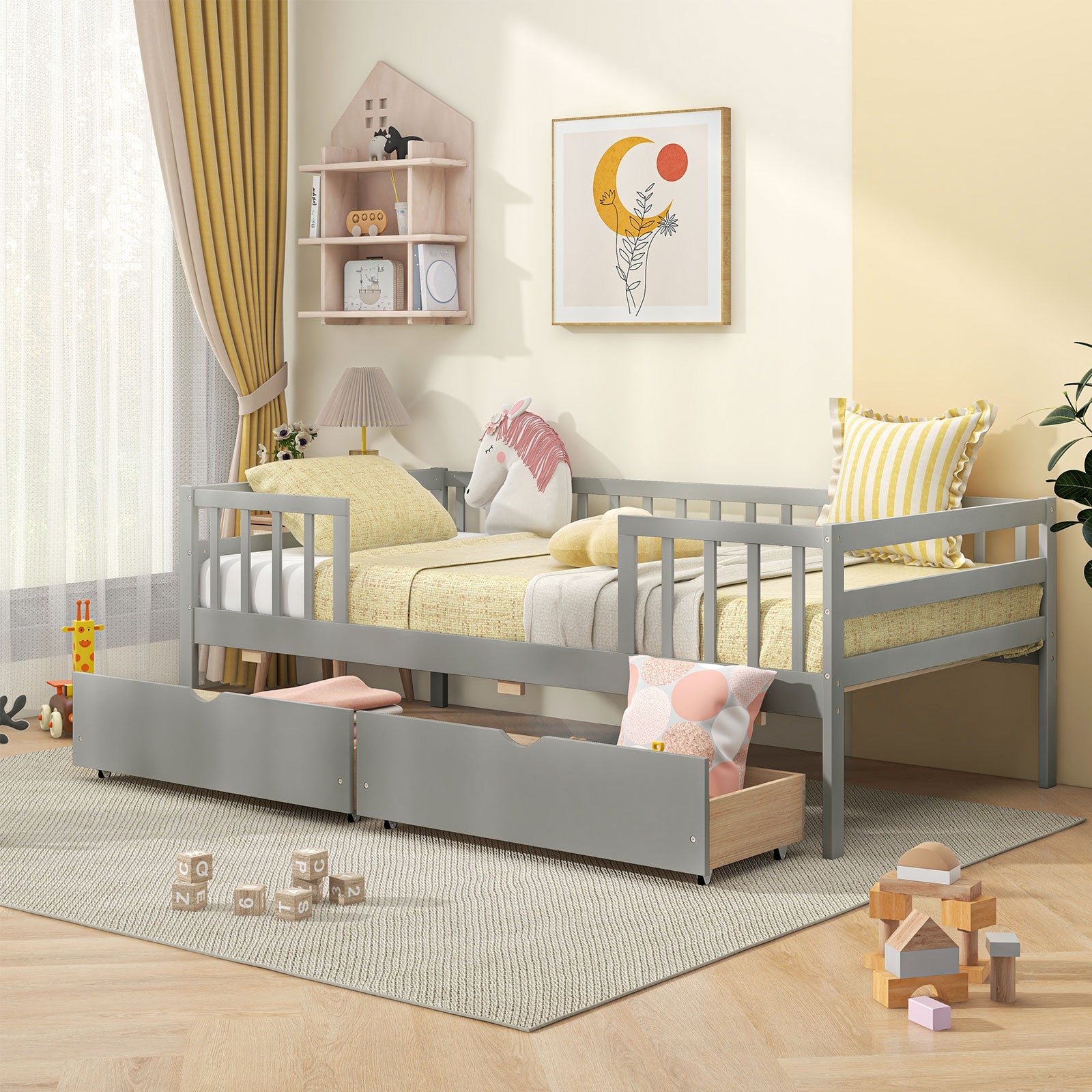 Twin Daybed with Fence and 2 Drawers Kids Bed for Boys & Girls, Gray Trundle Bed Frame at Gallery Canada