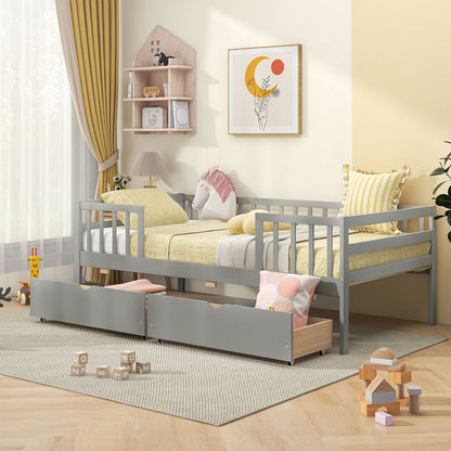Twin Daybed with Fence and 2 Drawers Kids Bed for Boys & Girls, Gray Trundle Bed Frame at Gallery Canada