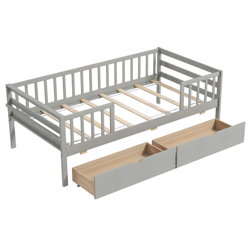 Twin Daybed With Fence And 2 Drawers, Gray