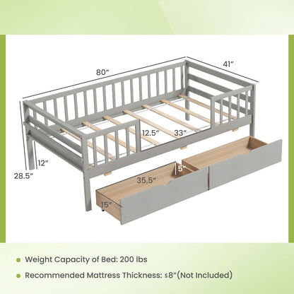 Twin Daybed with Fence and 2 Drawers Kids Bed for Boys & Girls, Gray Trundle Bed Frame at Gallery Canada