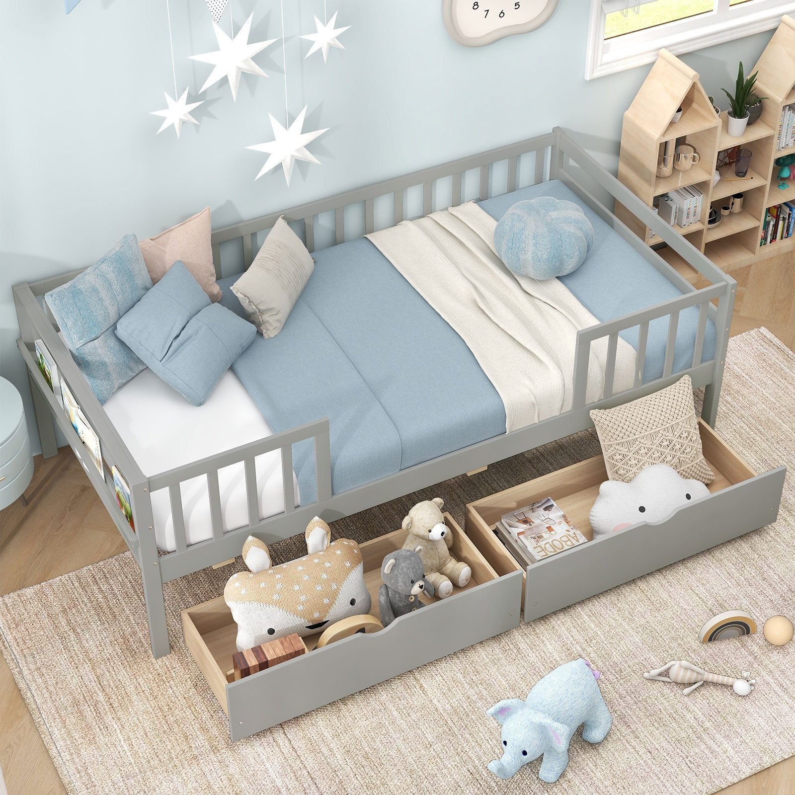 Twin Daybed with Fence and 2 Drawers Kids Bed for Boys & Girls, Gray Trundle Bed Frame at Gallery Canada