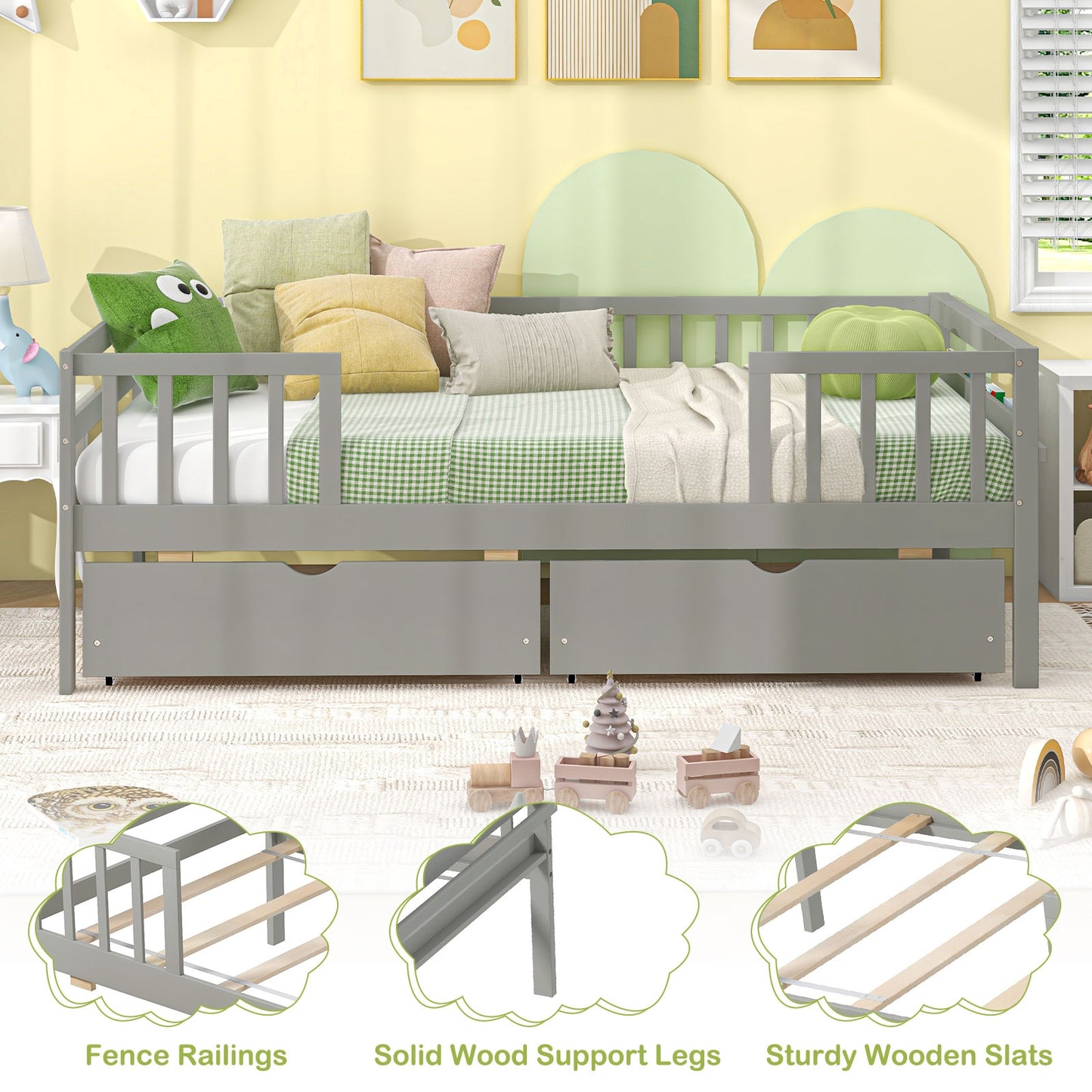 Twin Daybed with Fence and 2 Drawers Kids Bed for Boys & Girls, Gray Trundle Bed Frame at Gallery Canada