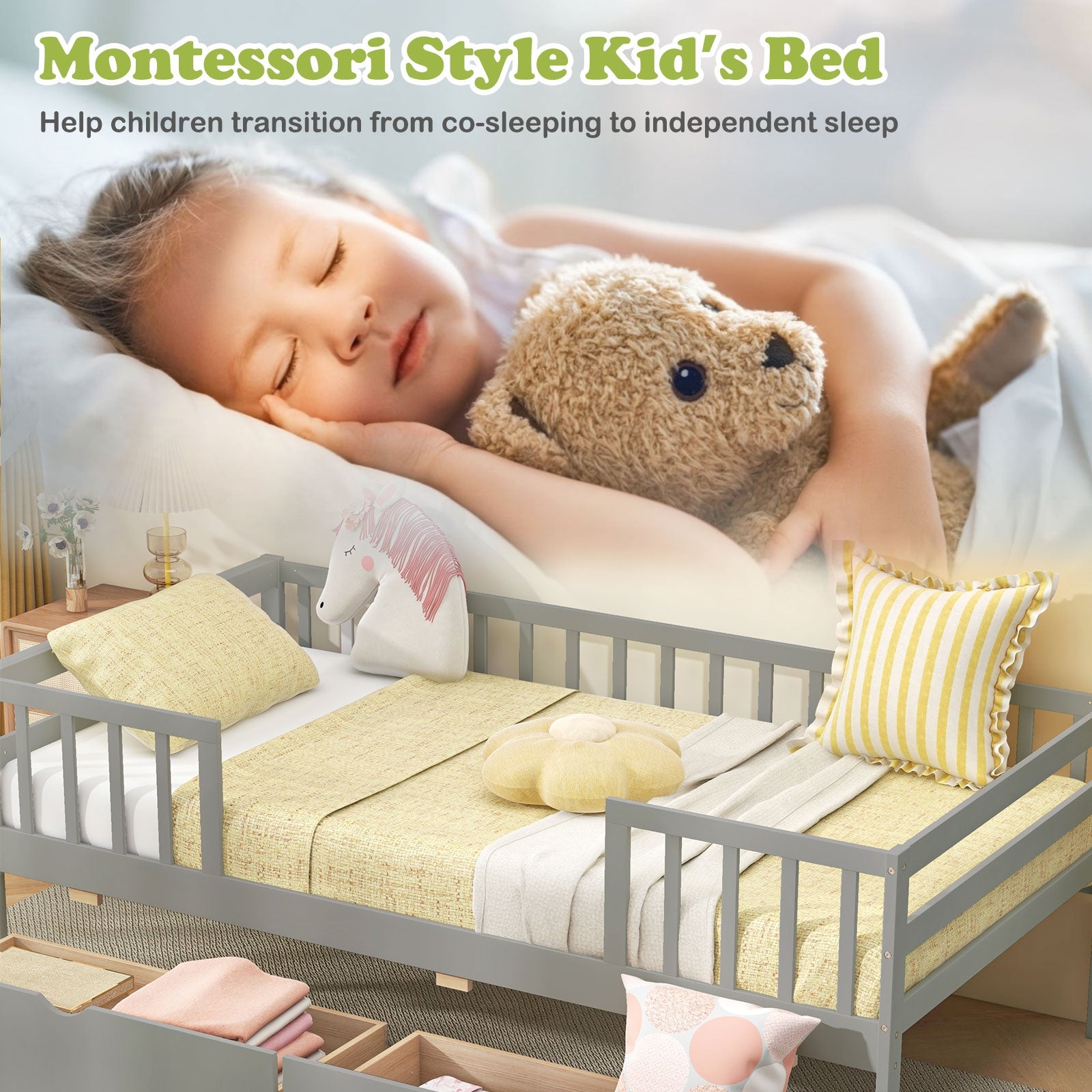 Twin Daybed with Fence and 2 Drawers Kids Bed for Boys & Girls, Gray Trundle Bed Frame at Gallery Canada