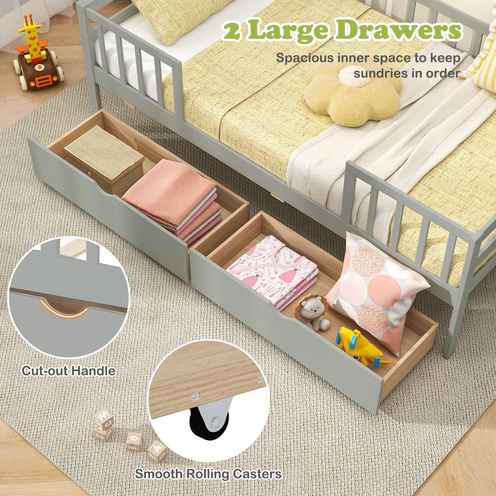 Twin Daybed with Fence and 2 Drawers Kids Bed for Boys & Girls, Gray Trundle Bed Frame at Gallery Canada