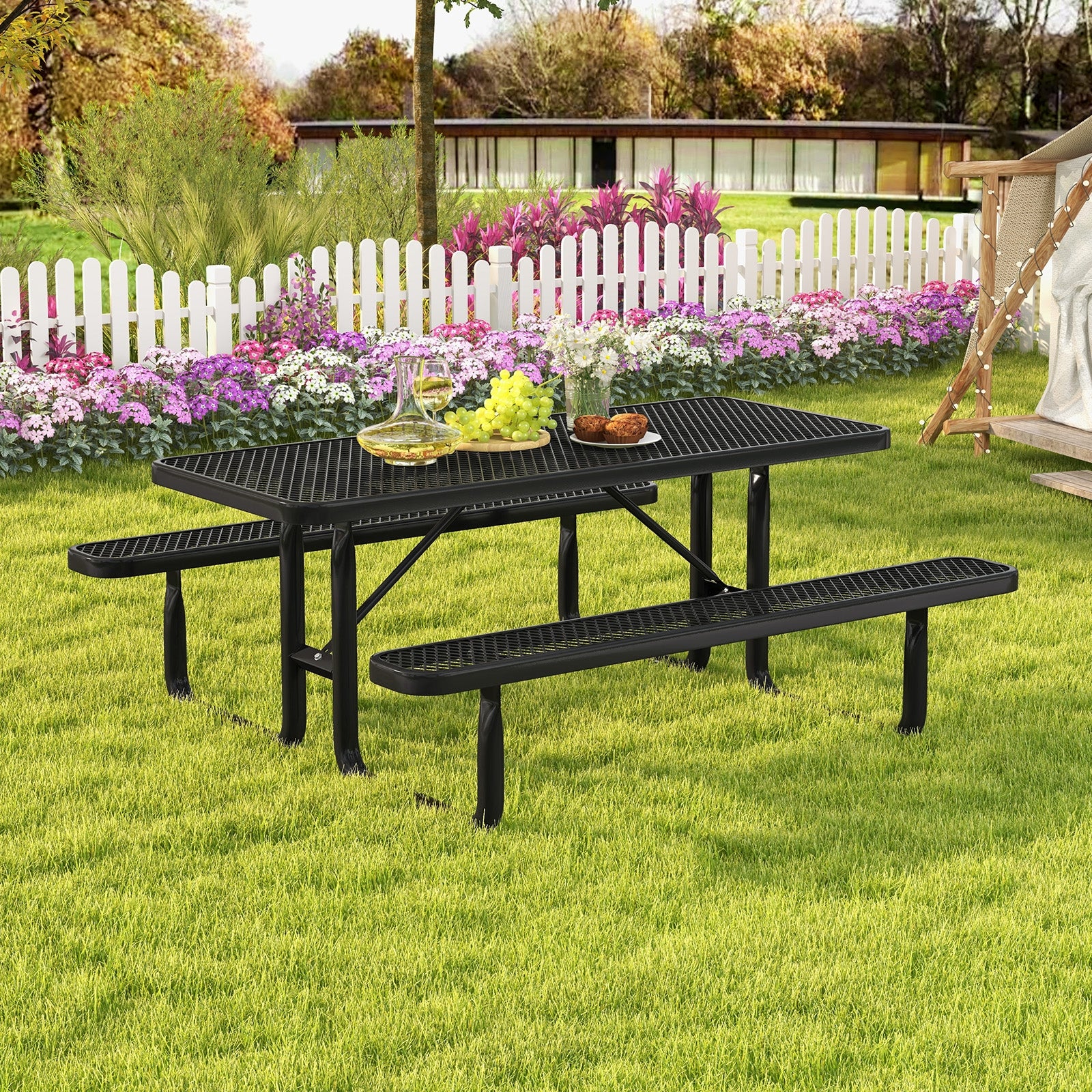 Outdoor Picnic Table and Bench Set for 8 Person with Seats and Mesh Grid, Black Picnic Tables at Gallery Canada