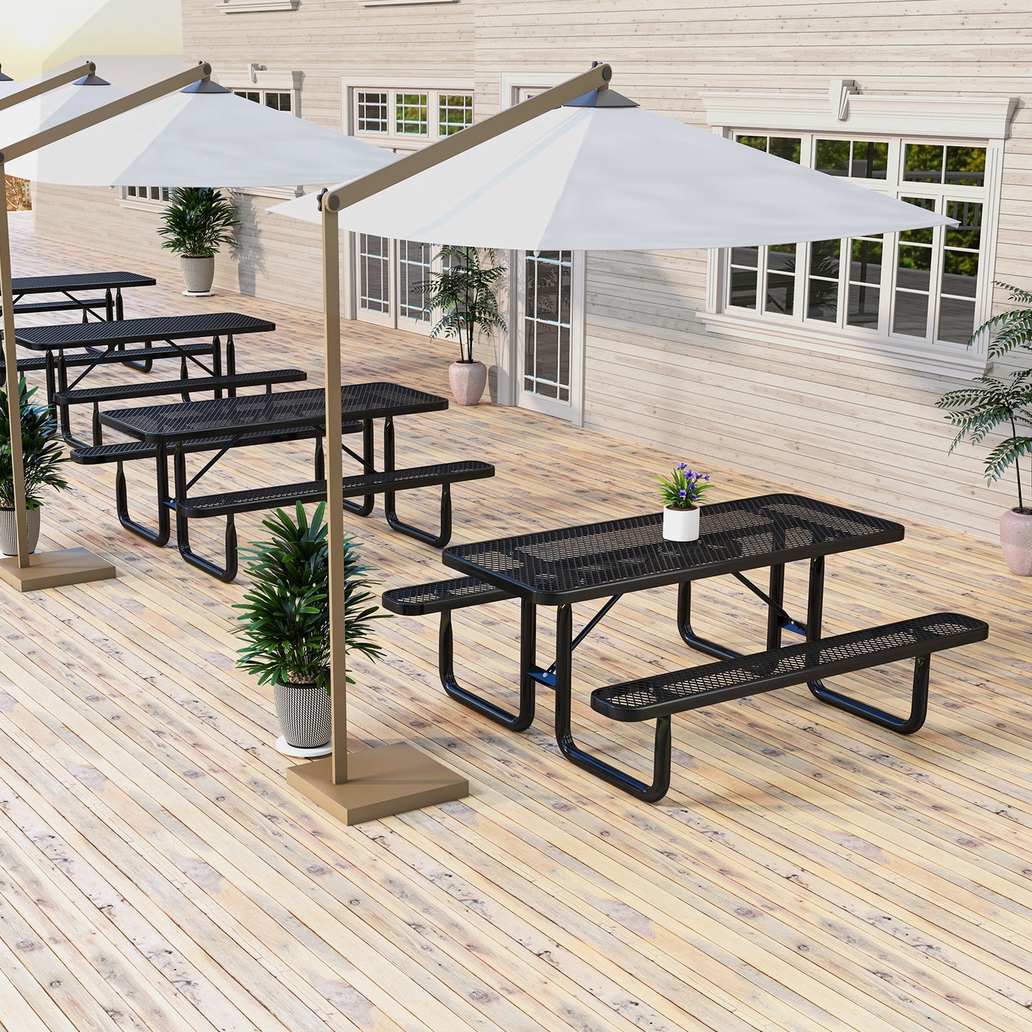Outdoor Picnic Table and Bench Set for 8 Person with Seats and Mesh Grid, Black Picnic Tables at Gallery Canada