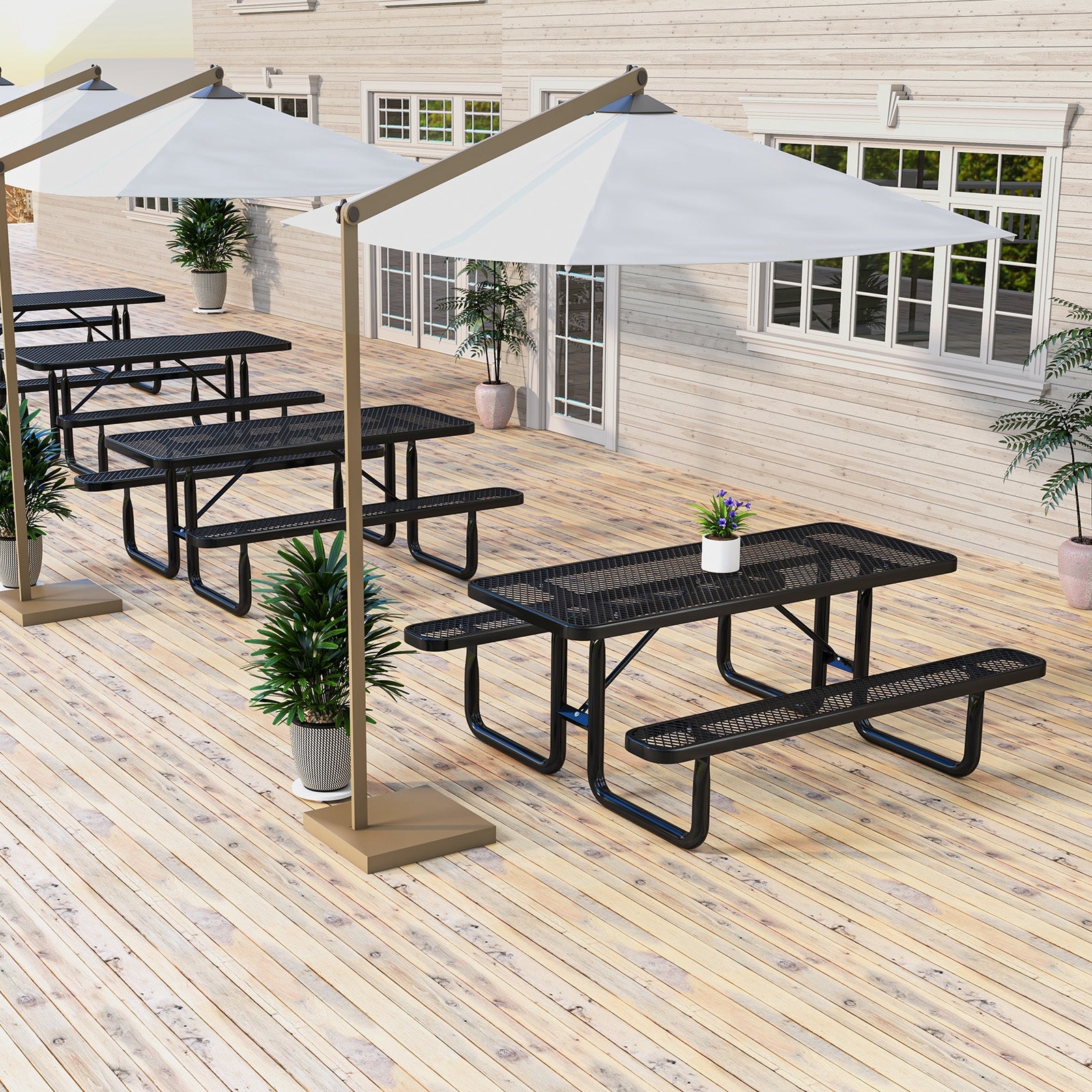 Outdoor Picnic Table and Bench Set for 8 Person with Seats and Mesh Grid, Black Picnic Tables at Gallery Canada