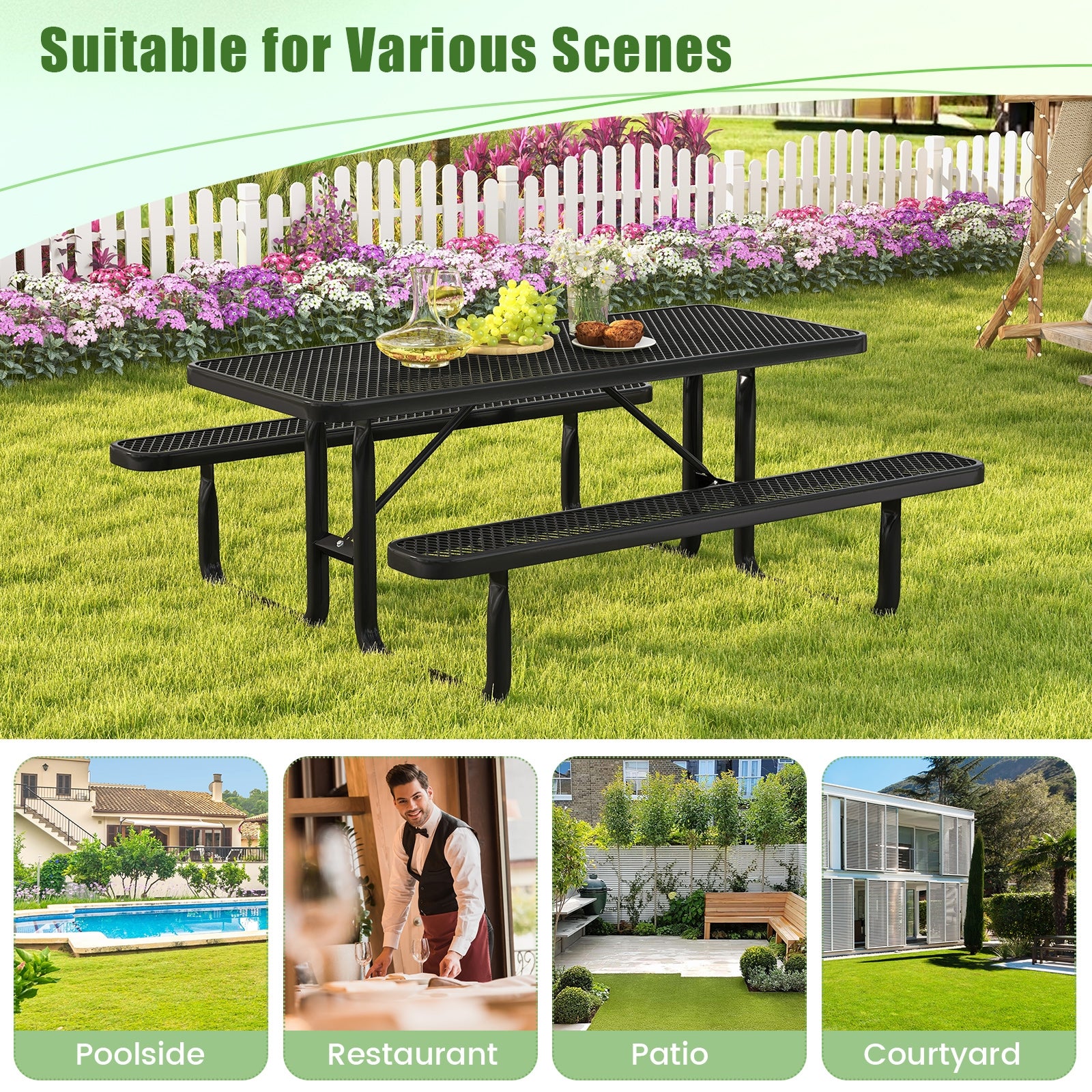 Outdoor Picnic Table and Bench Set for 8 Person with Seats and Mesh Grid, Black Picnic Tables at Gallery Canada