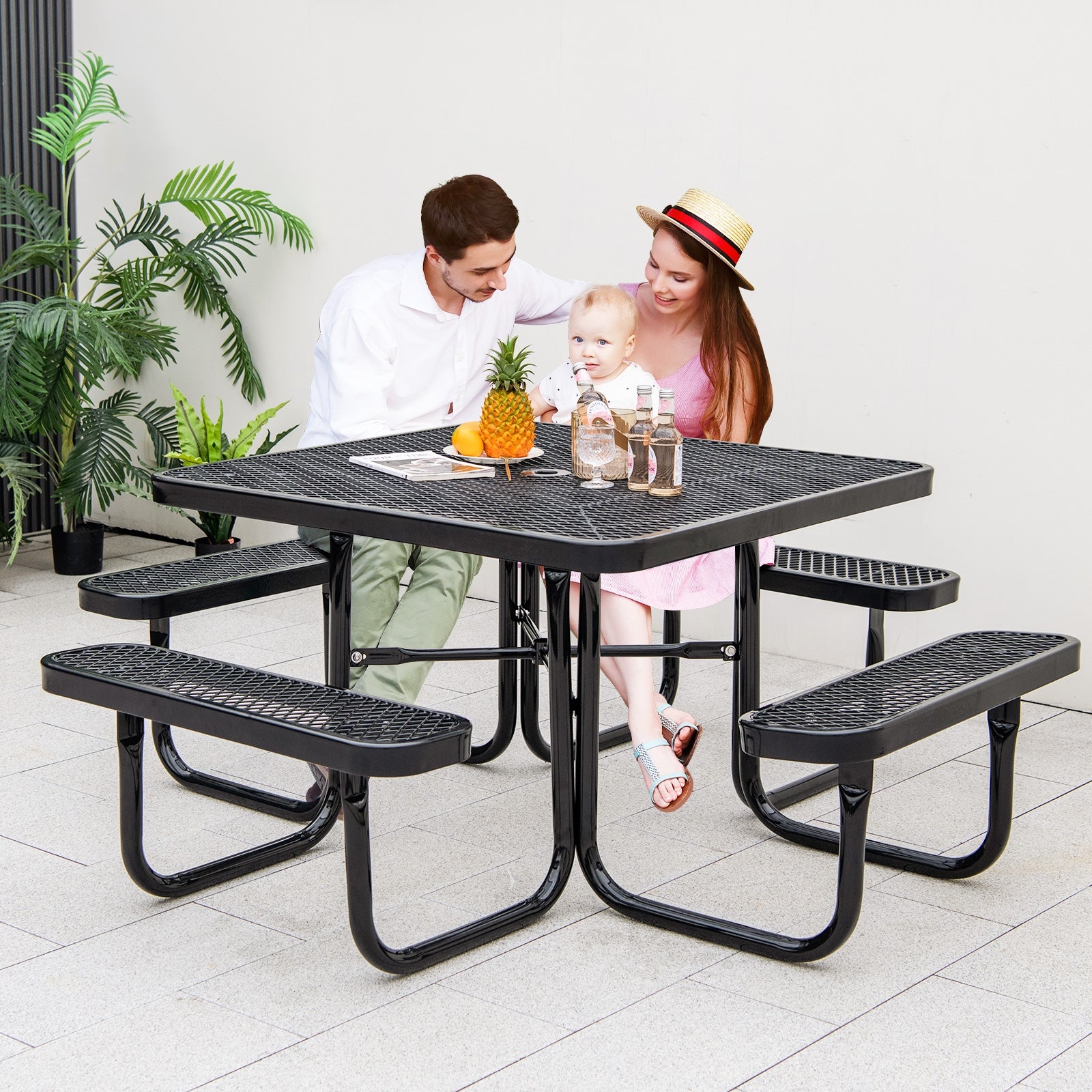 Square Picnic Table and Bench for 8 Person with Seats and Umbrella Hole, Black Picnic Tables at Gallery Canada