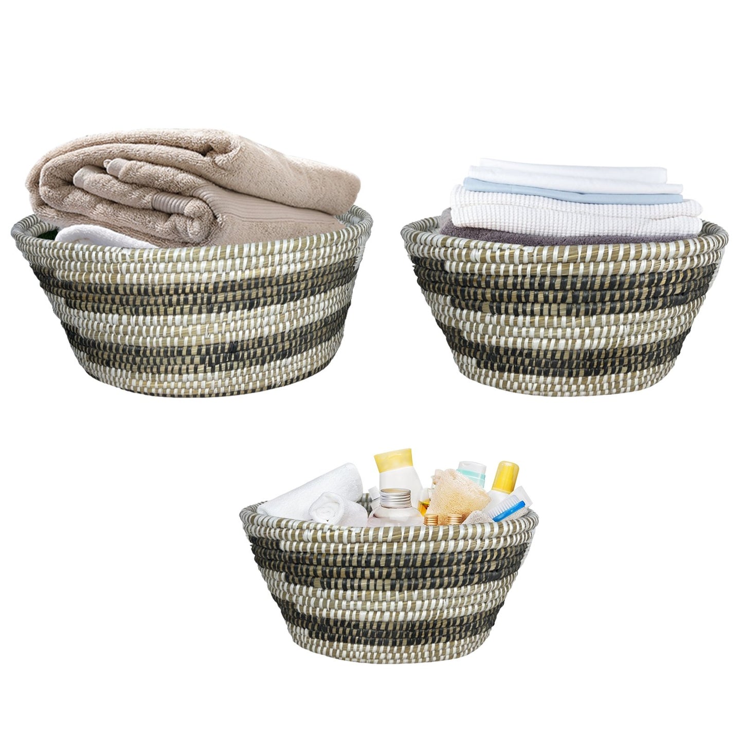 Natural Canes Grass Baskets Stackable Storage Bins Set of 3 with Hollowed Handles - Gallery Canada
