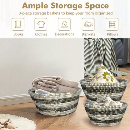Natural Canes Grass Baskets Stackable Storage Bins Set of 3 with Hollowed Handles - Gallery Canada