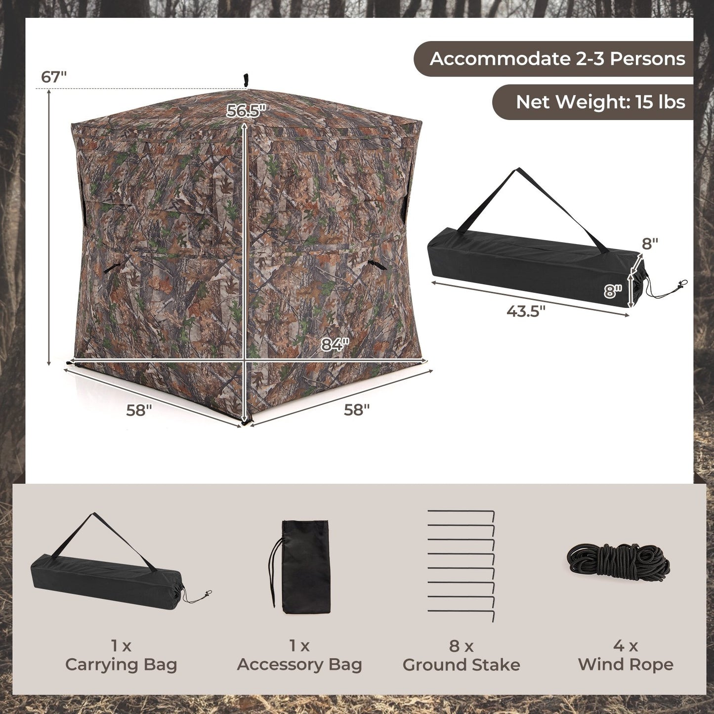Hunting Blind 360 Degree One-Way See-Through Ground Blind for 2-3 Person, Camouflage Tents at Gallery Canada