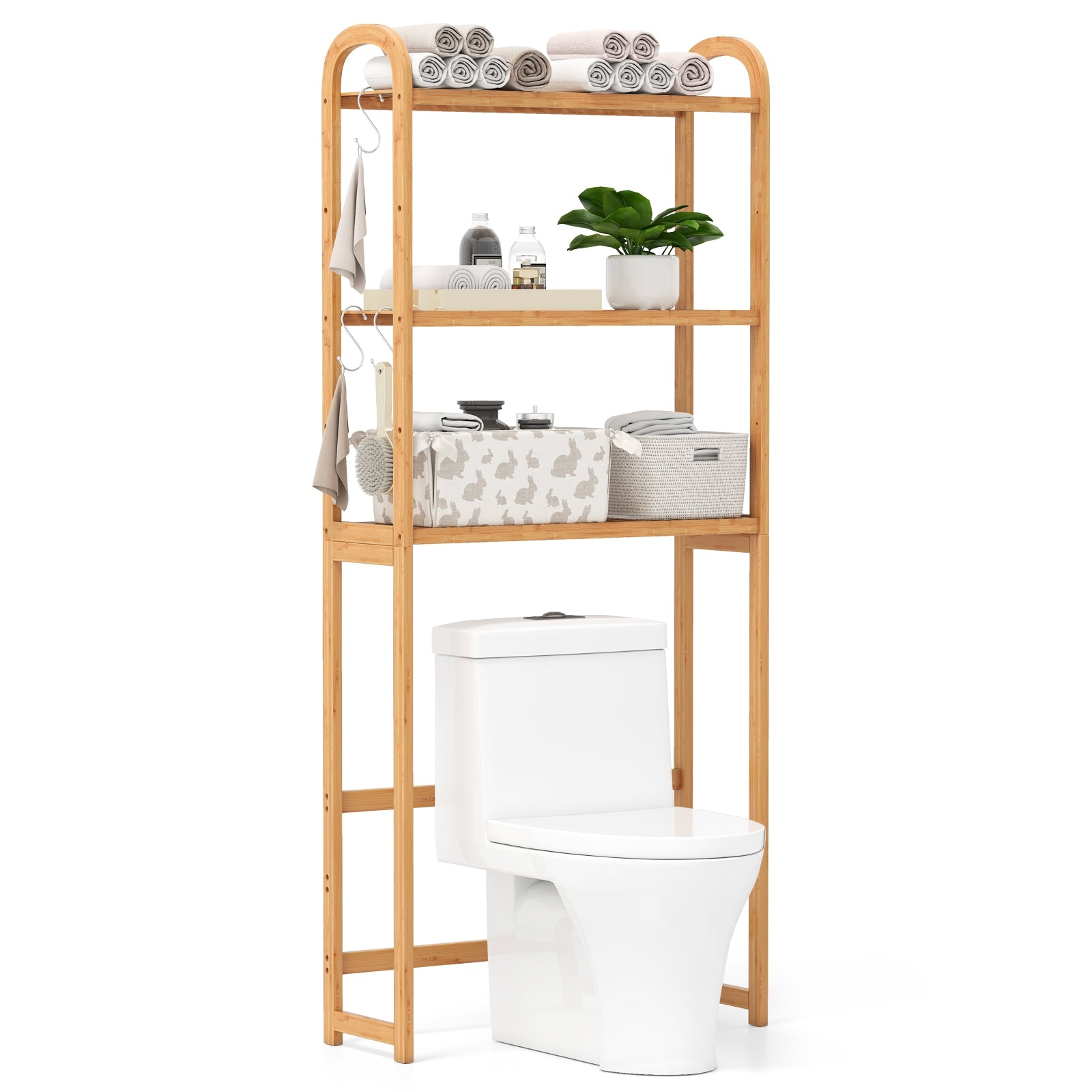 3-Tier Bamboo Bathroom Floor Organizer with 5-Position Shelves and 3 Hooks, Natural Bathroom Etagere at Gallery Canada