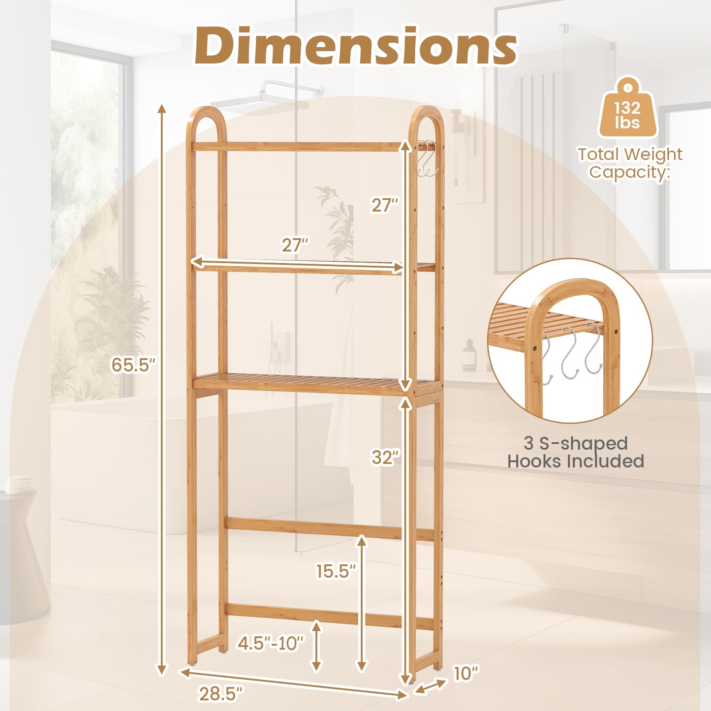 3-Tier Bamboo Bathroom Floor Organizer with 5-Position Shelves and 3 Hooks, Natural Bathroom Etagere at Gallery Canada