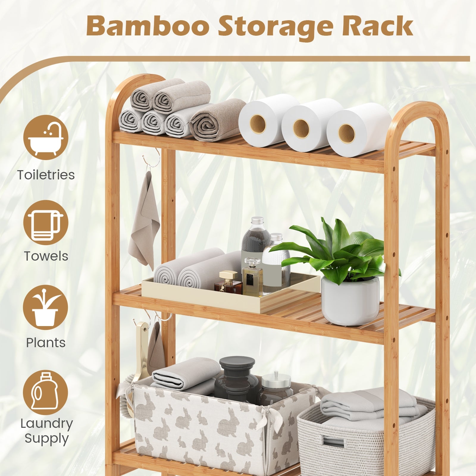 3-Tier Bamboo Bathroom Floor Organizer with 5-Position Shelves and 3 Hooks, Natural Bathroom Etagere at Gallery Canada