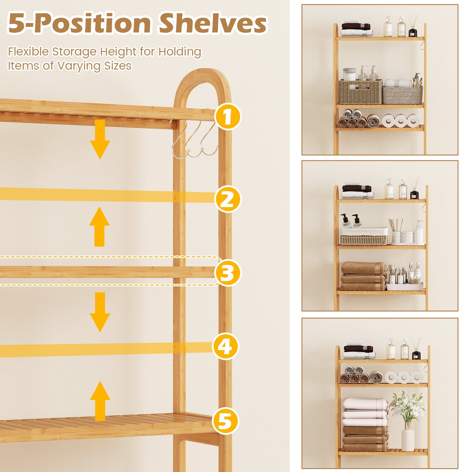 3-Tier Bamboo Bathroom Floor Organizer with 5-Position Shelves and 3 Hooks, Natural Bathroom Etagere at Gallery Canada