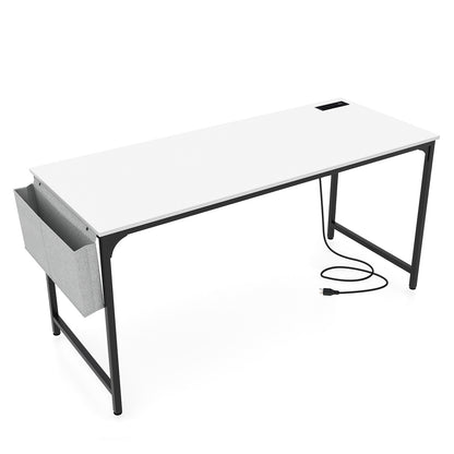60 Inch Computer Desk with Charging Station Storage Bag, White Computer Desks White at Gallery Canada