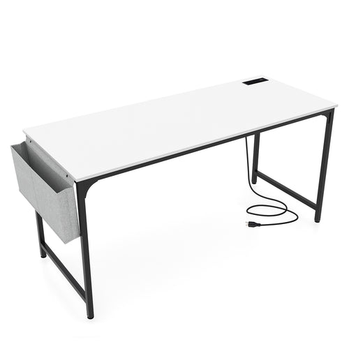 60 Inch Computer Desk With Charging Station, Storage Bag, White