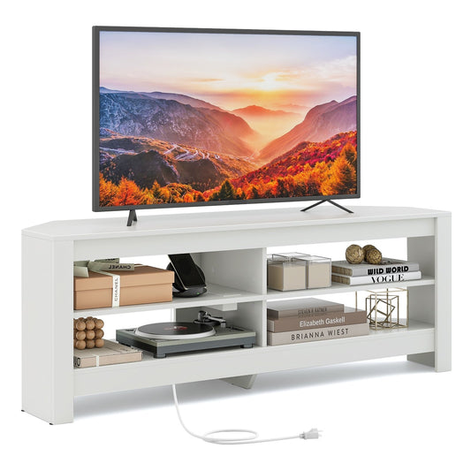 Corner TV Stand with Power Outlet and 4 Open Storage Shelves, White - Gallery Canada