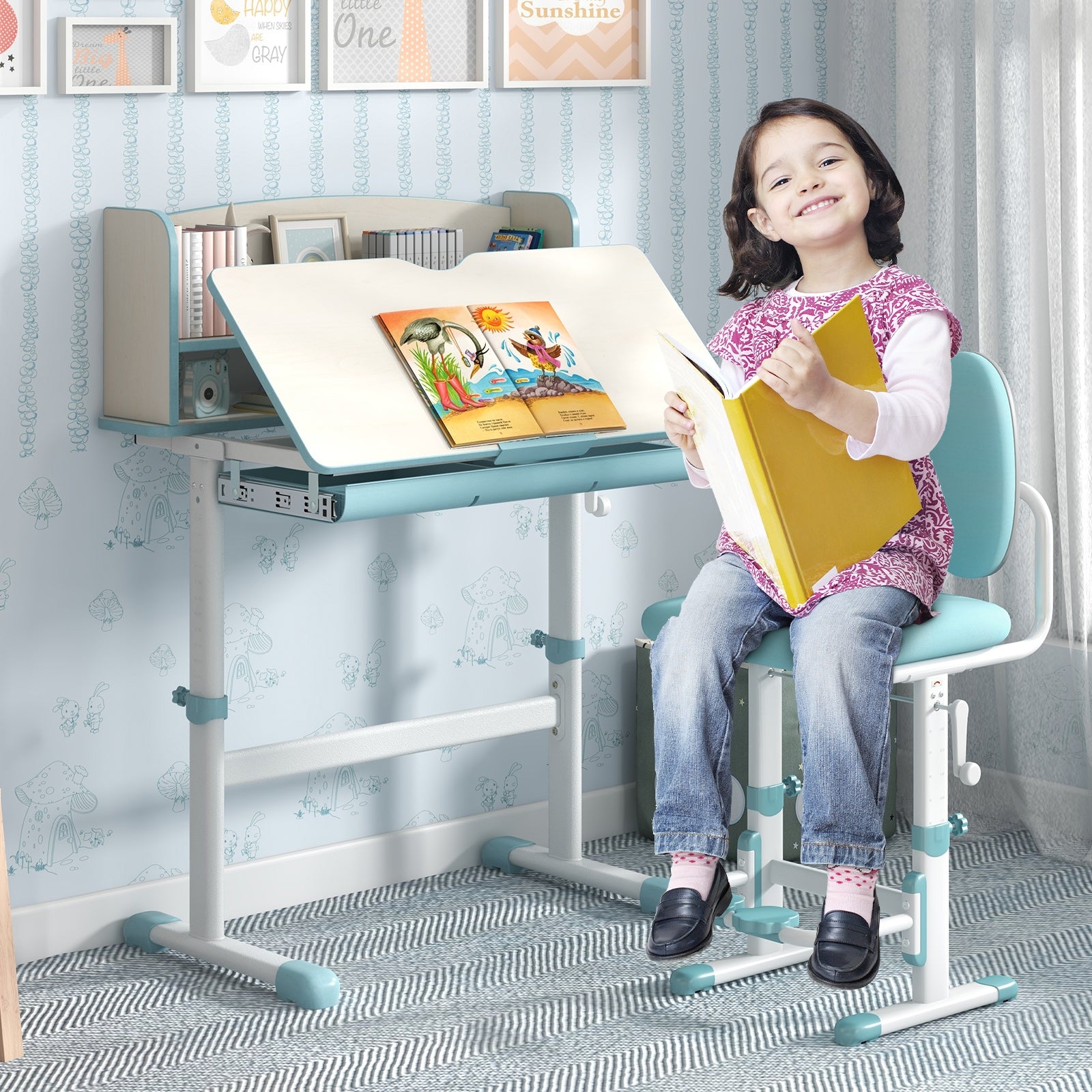 Height Adjustable Kids Study Desk with Tilt Desktop, Blue Kids Table & Chair Sets at Gallery Canada