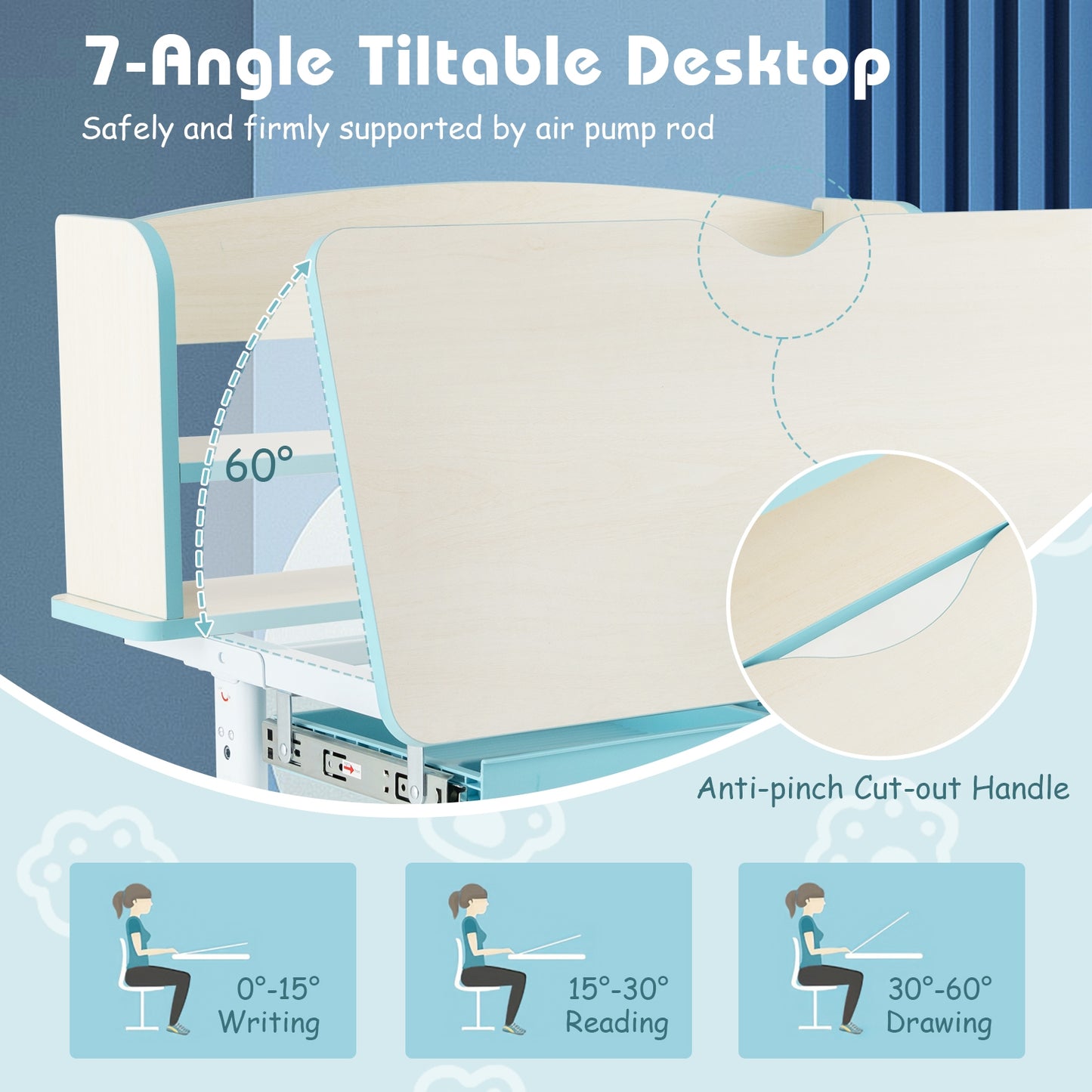 Height Adjustable Kids Study Desk with Tilt Desktop, Blue Kids Table & Chair Sets at Gallery Canada