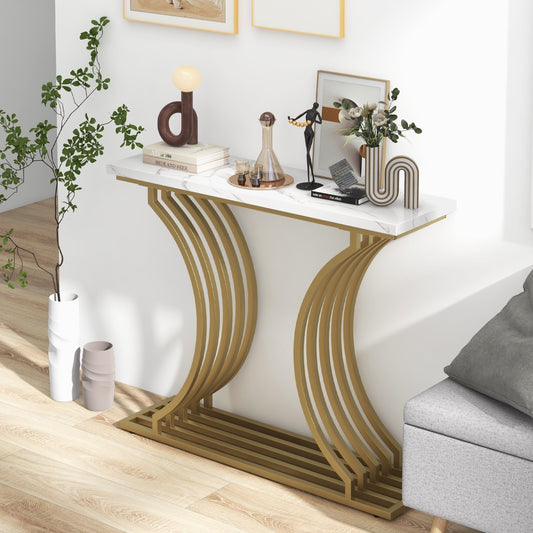 39-Inch Gold Entryway Table Modern Console Table with Faux Marble Tabletop, Golden - Gallery Canada