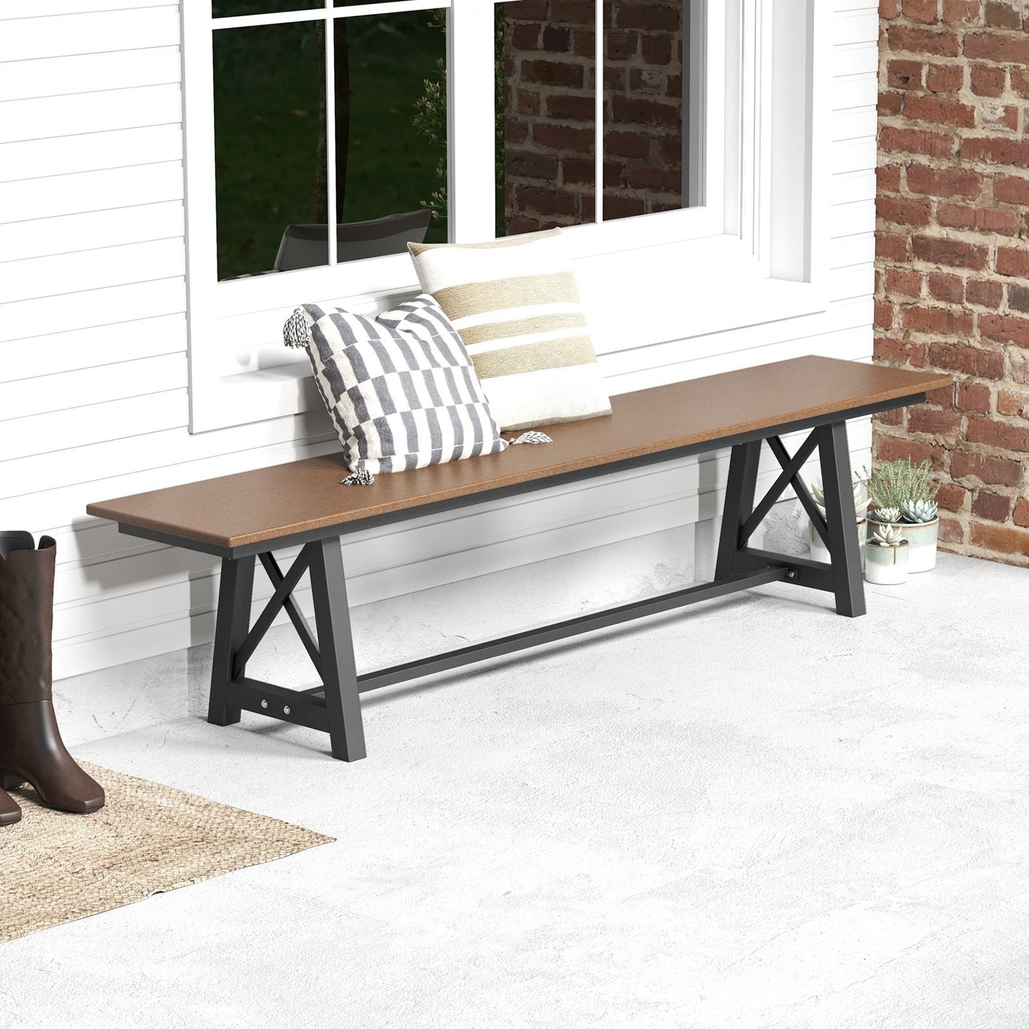 3-4 Person Outdoor HDPE Bench with Metal Frame, Brown - Gallery Canada