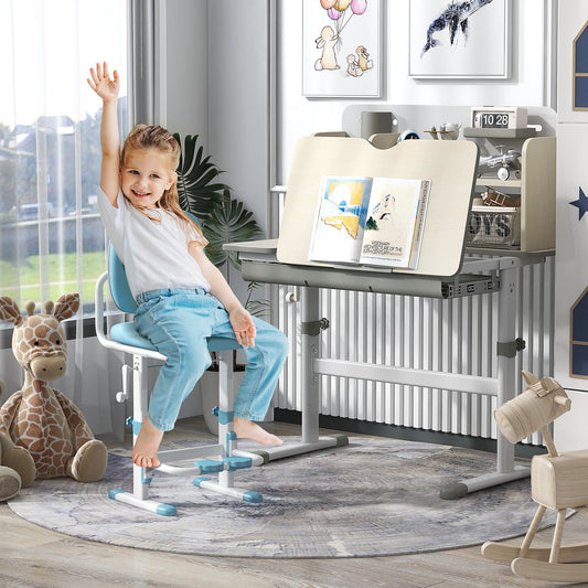 Height Adjustable Kids Study Desk with Tilt Desktop for 3-12 Years Old, Gray - Gallery Canada