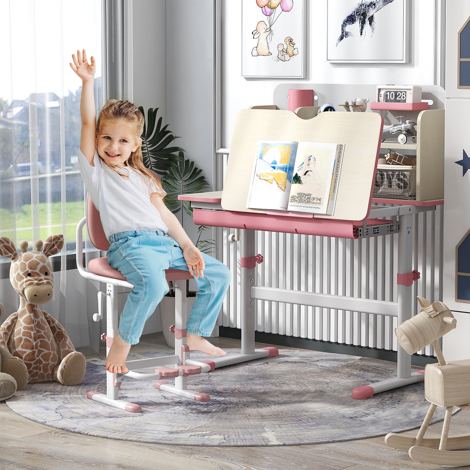 Height Adjustable Kids Study Desk with Tilt Desktop for 3-12 Years Old, Pink Kids Table & Chair Sets at Gallery Canada