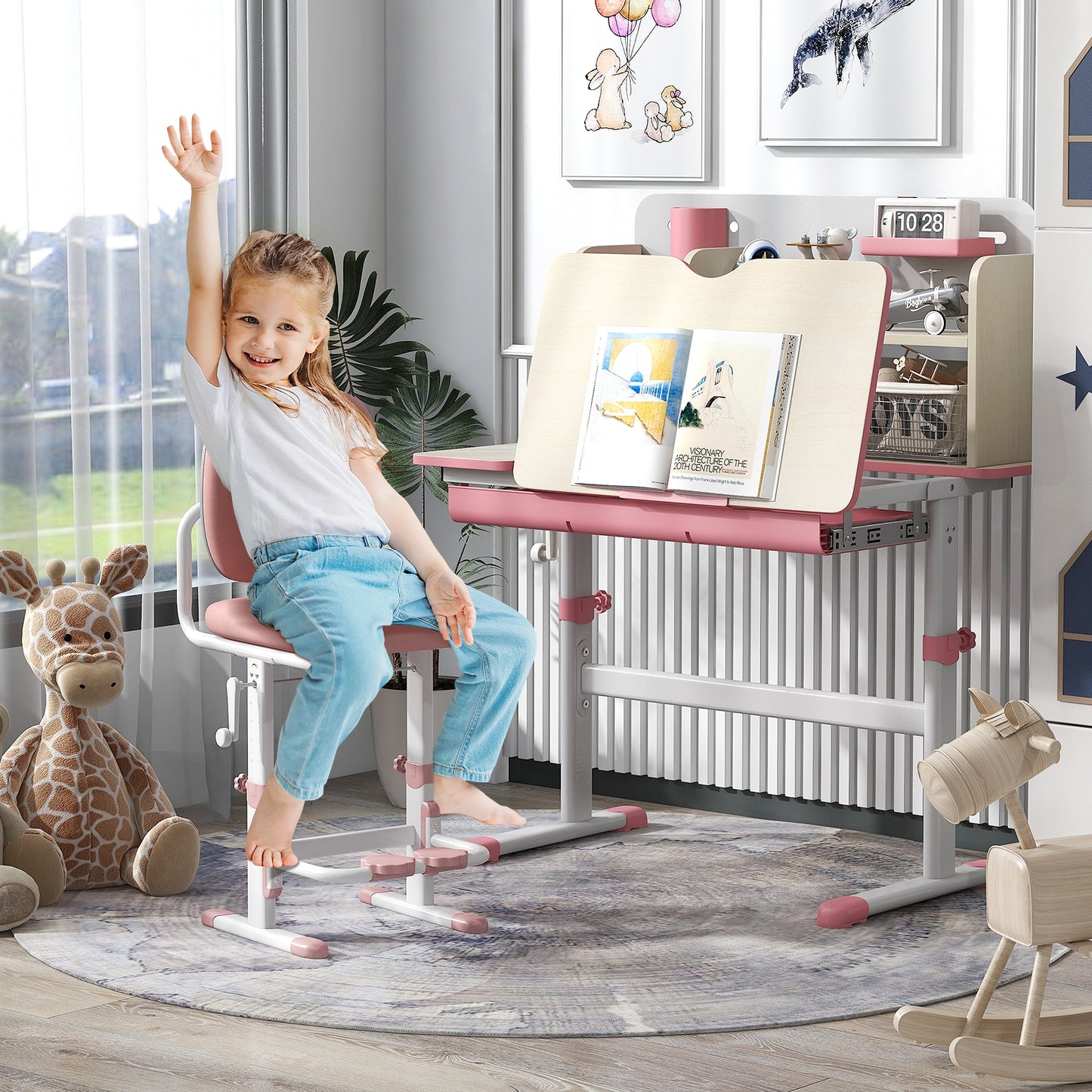 Height Adjustable Kids Study Desk with Tilt Desktop for 3-12 Years Old, Pink Kids Table & Chair Sets at Gallery Canada