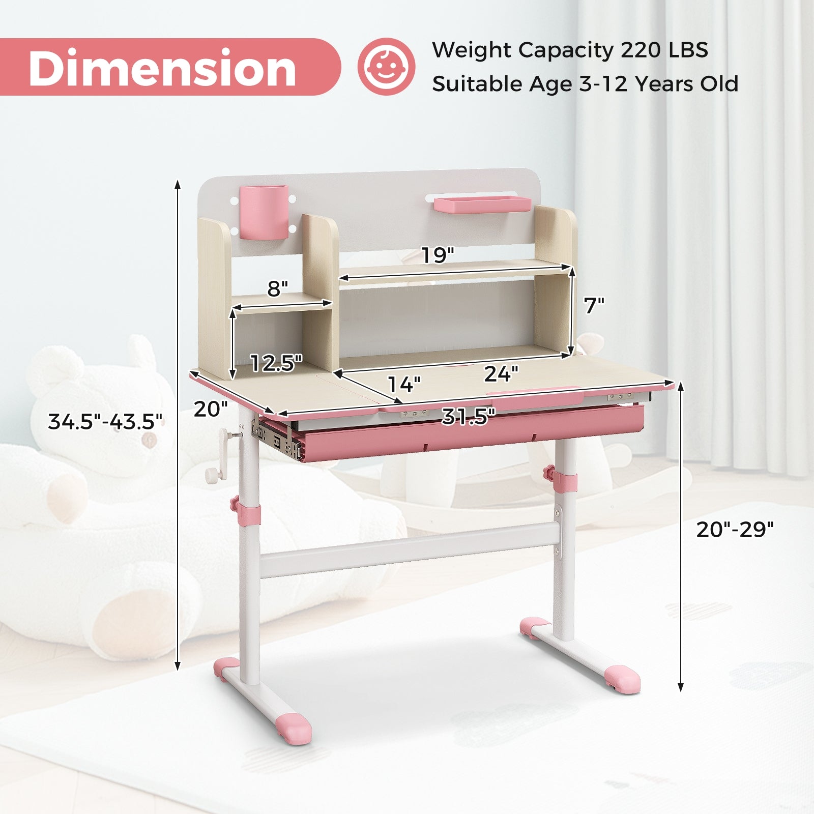 Height Adjustable Kids Study Desk with Tilt Desktop for 3-12 Years Old, Pink Kids Table & Chair Sets at Gallery Canada