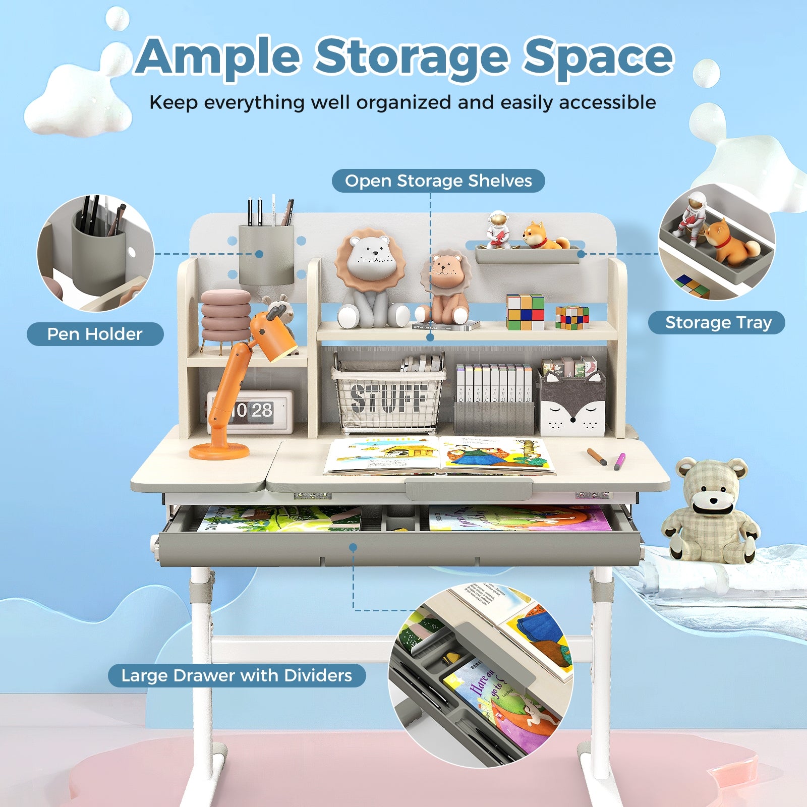 Height Adjustable Kids Study Desk with Tilt Desktop for 3-12 Years Old, Gray Kids Table & Chair Sets at Gallery Canada