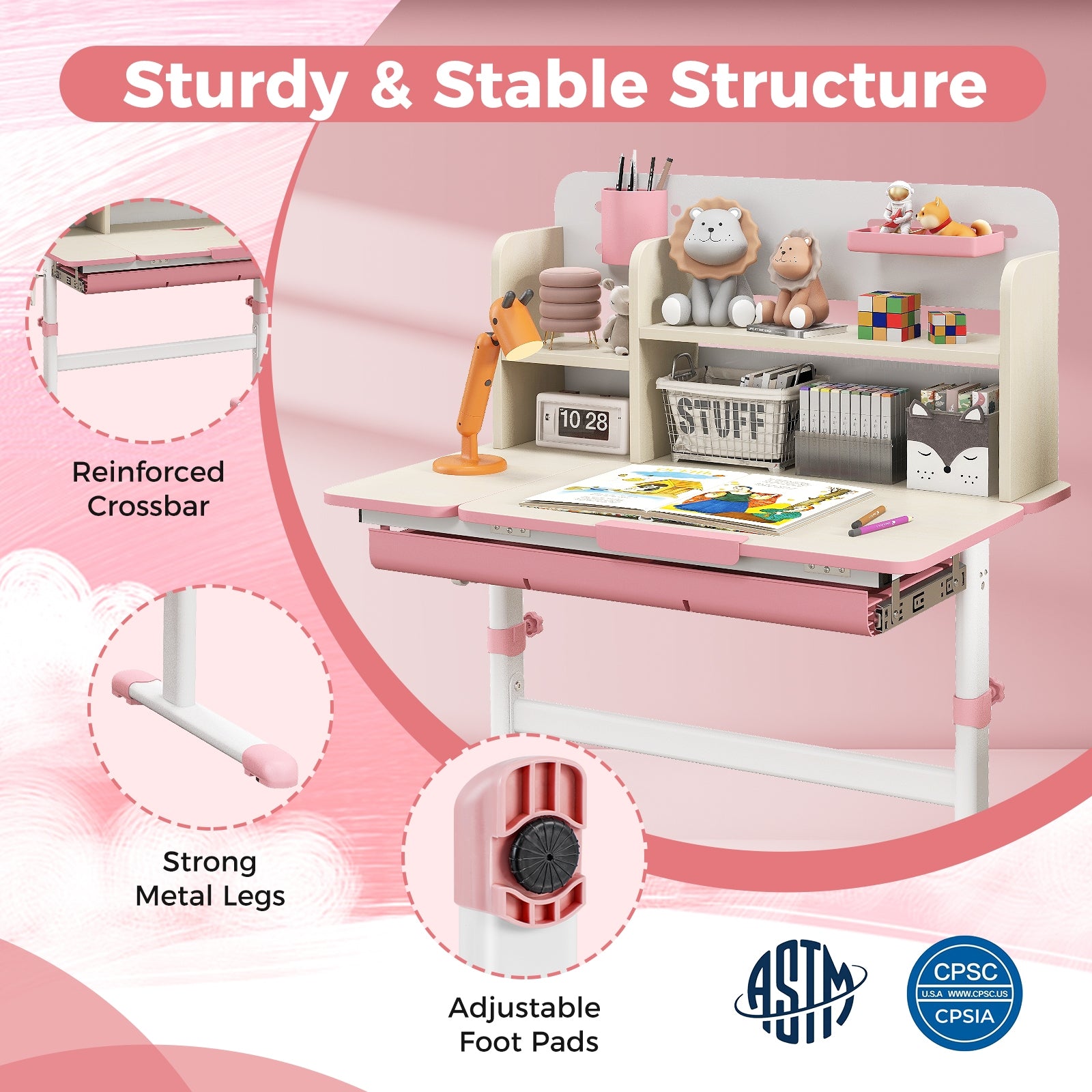 Height Adjustable Kids Study Desk with Tilt Desktop for 3-12 Years Old, Pink Kids Table & Chair Sets at Gallery Canada