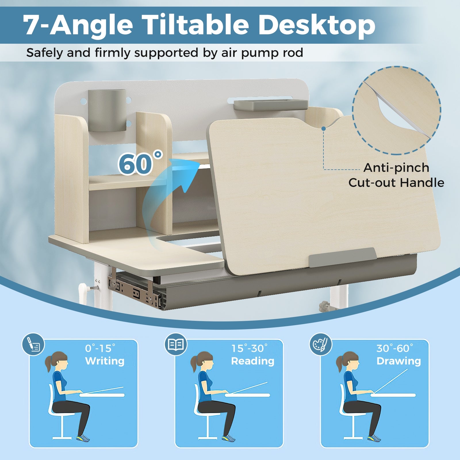 Height Adjustable Kids Study Desk with Tilt Desktop for 3-12 Years Old, Gray Kids Table & Chair Sets at Gallery Canada