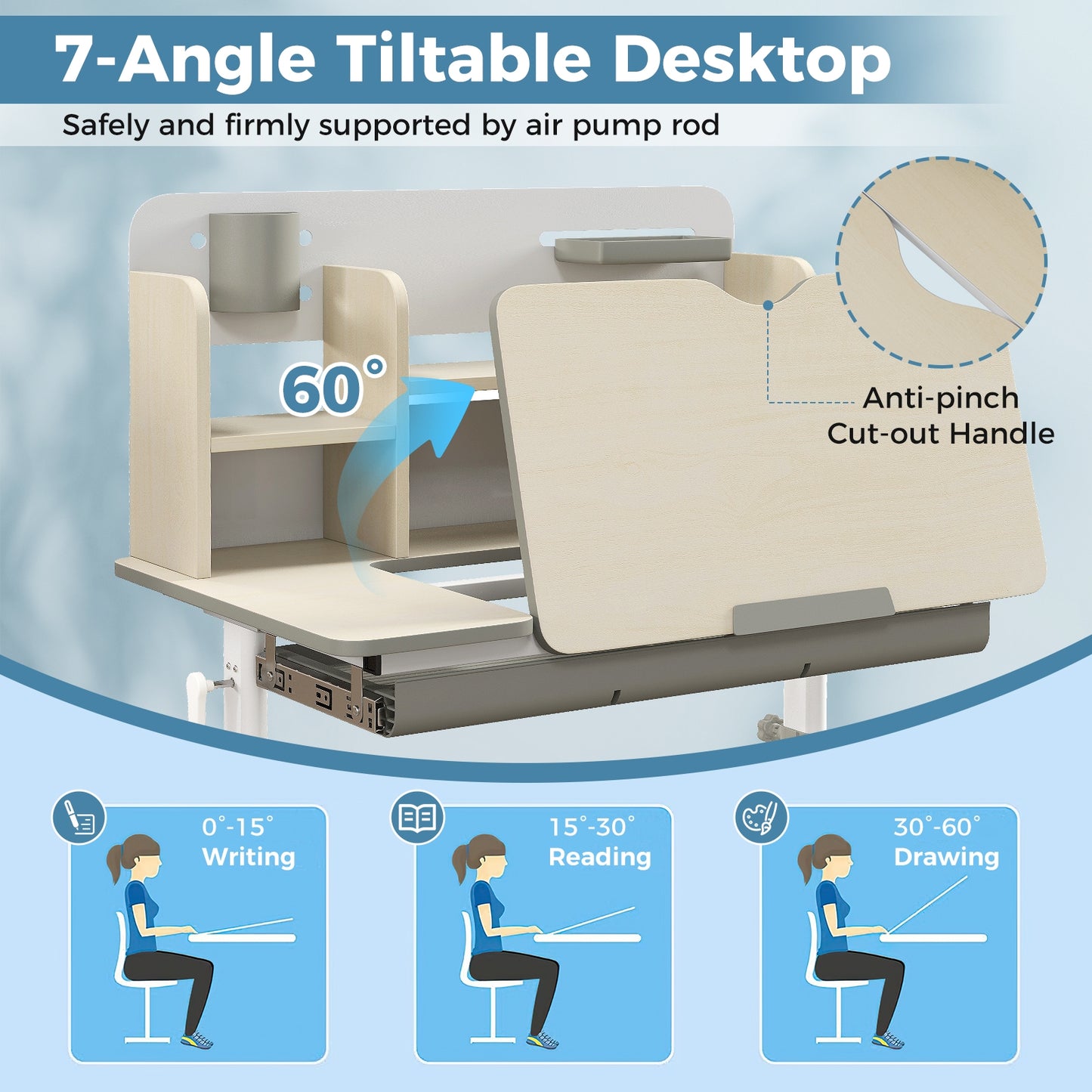 Height Adjustable Kids Study Desk with Tilt Desktop for 3-12 Years Old, Gray Kids Table & Chair Sets at Gallery Canada