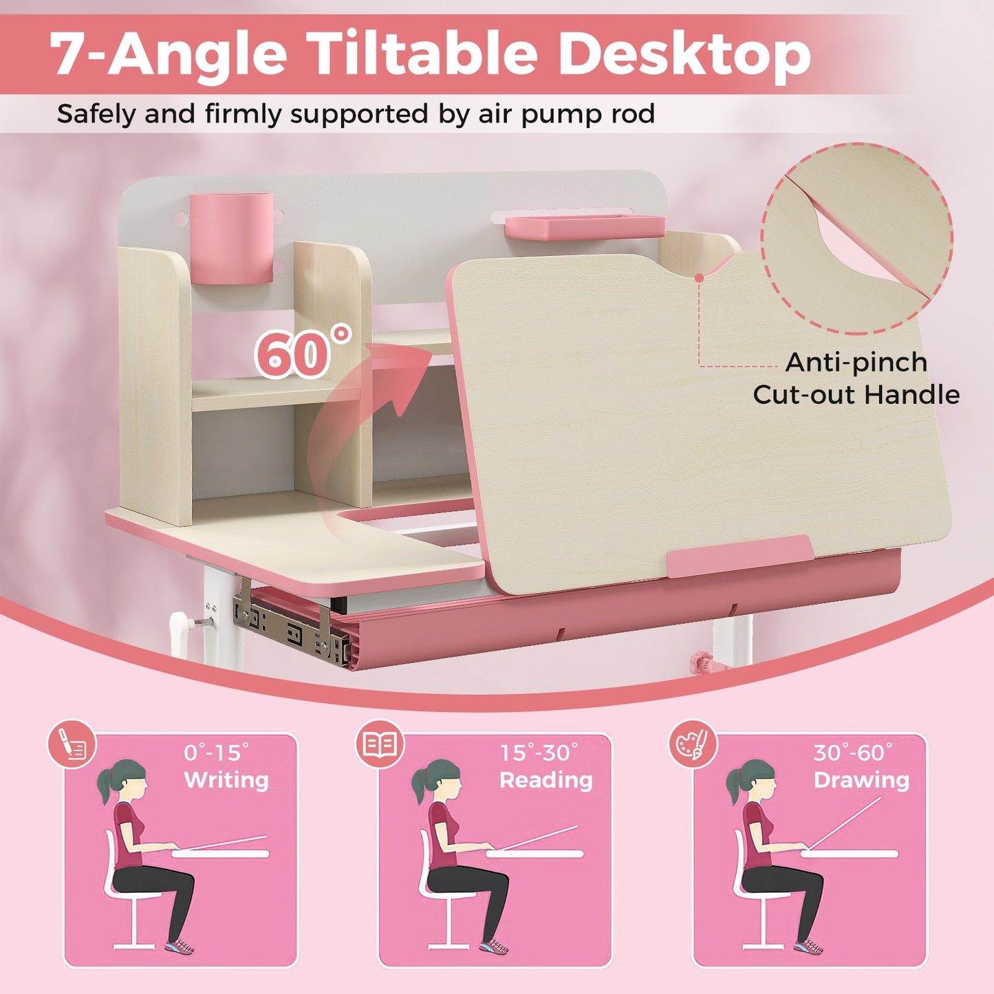 Height Adjustable Kids Study Desk with Tilt Desktop for 3-12 Years Old, Pink Kids Table & Chair Sets at Gallery Canada