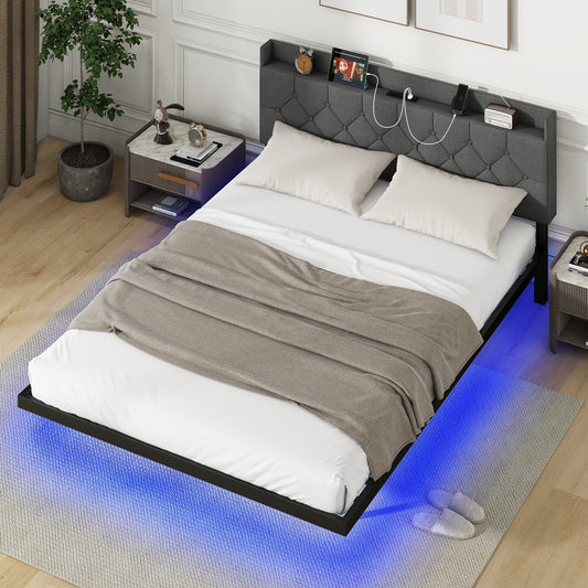 Full/Queen Size Floating Bed Frame with LED and Headboard and Charging Station-Queen Size, Gray - Gallery Canada