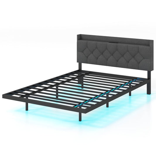 Full Queen Size Floating Bed Frame, LED Headboard, Charging Station, Gray