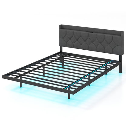 Full/Queen Size Floating Bed Frame with LED and Headboard and Charging Station-Queen Size, Gray Simple Bed Frame Gray at Gallery Canada