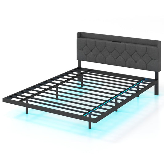 Full/Queen Size Floating Bed Frame with LED and Headboard and Charging Station-Queen Size, Gray