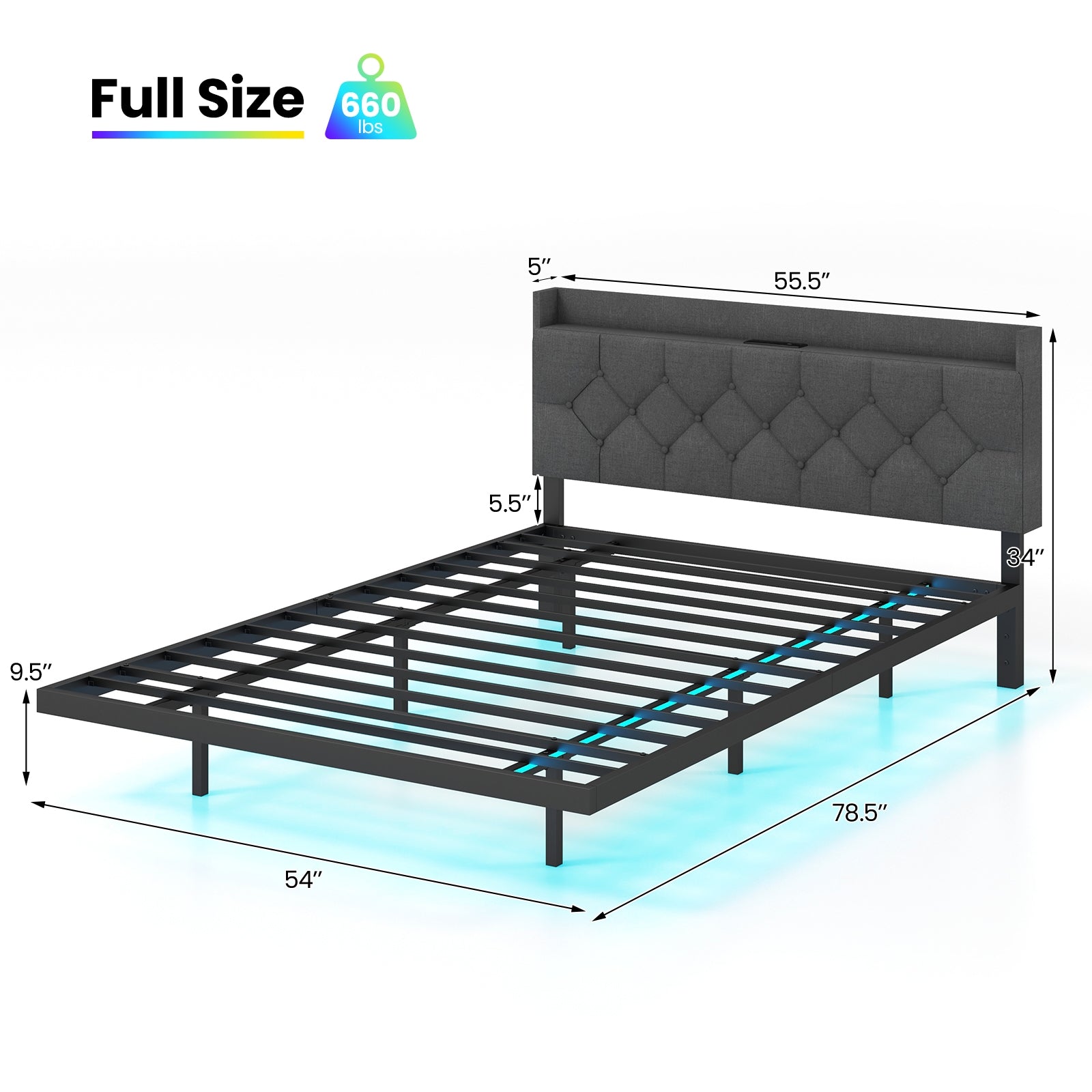 Full/Queen Size Floating Bed Frame with LED and Headboard and Charging Station-Full Size, Gray Simple Bed Frame at Gallery Canada