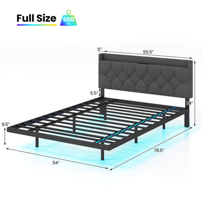 Full/Queen Size Floating Bed Frame with LED and Headboard and Charging Station-Full Size, Gray Simple Bed Frame at Gallery Canada