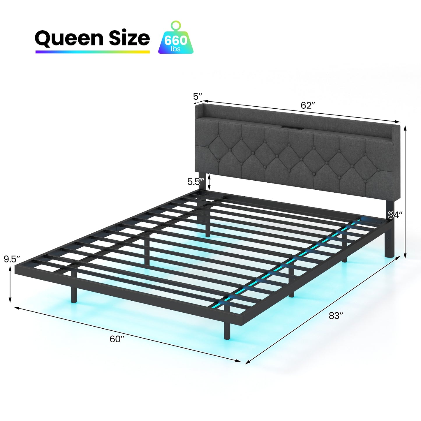 Full/Queen Size Floating Bed Frame with LED and Headboard and Charging Station-Queen Size, Gray Simple Bed Frame at Gallery Canada