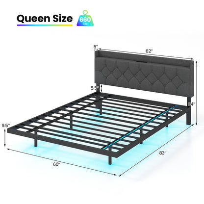 Full/Queen Size Floating Bed Frame with LED and Headboard and Charging Station-Queen Size, Gray Simple Bed Frame at Gallery Canada