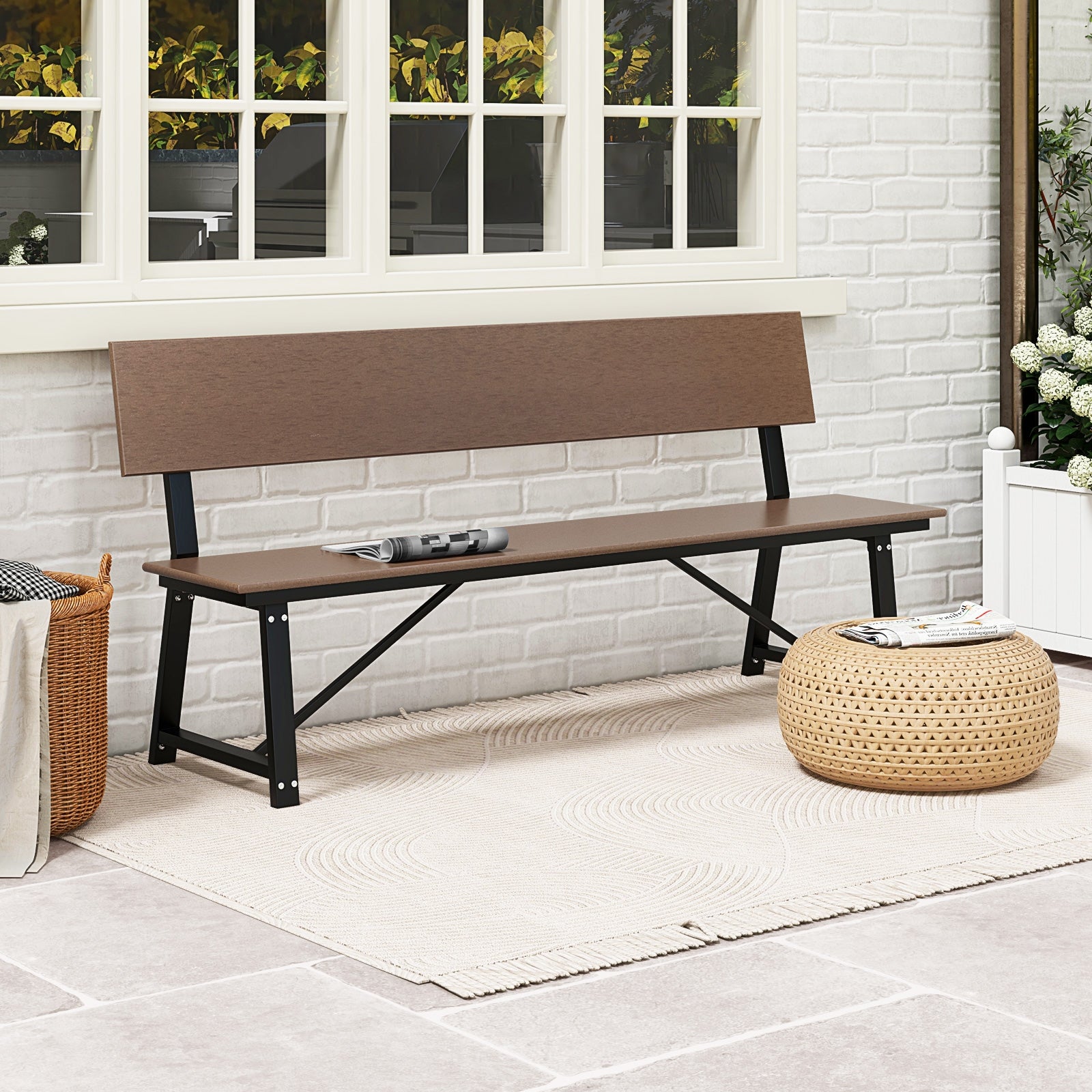 72 Inch Extra Long Bench with All-Weather HDPE Seat & Back for Yard Garden Porch, Brown Outdoor Benches at Gallery Canada