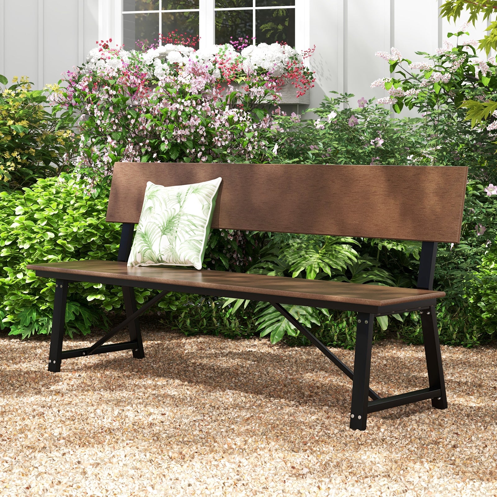 72 Inch Extra Long Bench with All-Weather HDPE Seat & Back for Yard Garden Porch, Brown Outdoor Benches at Gallery Canada