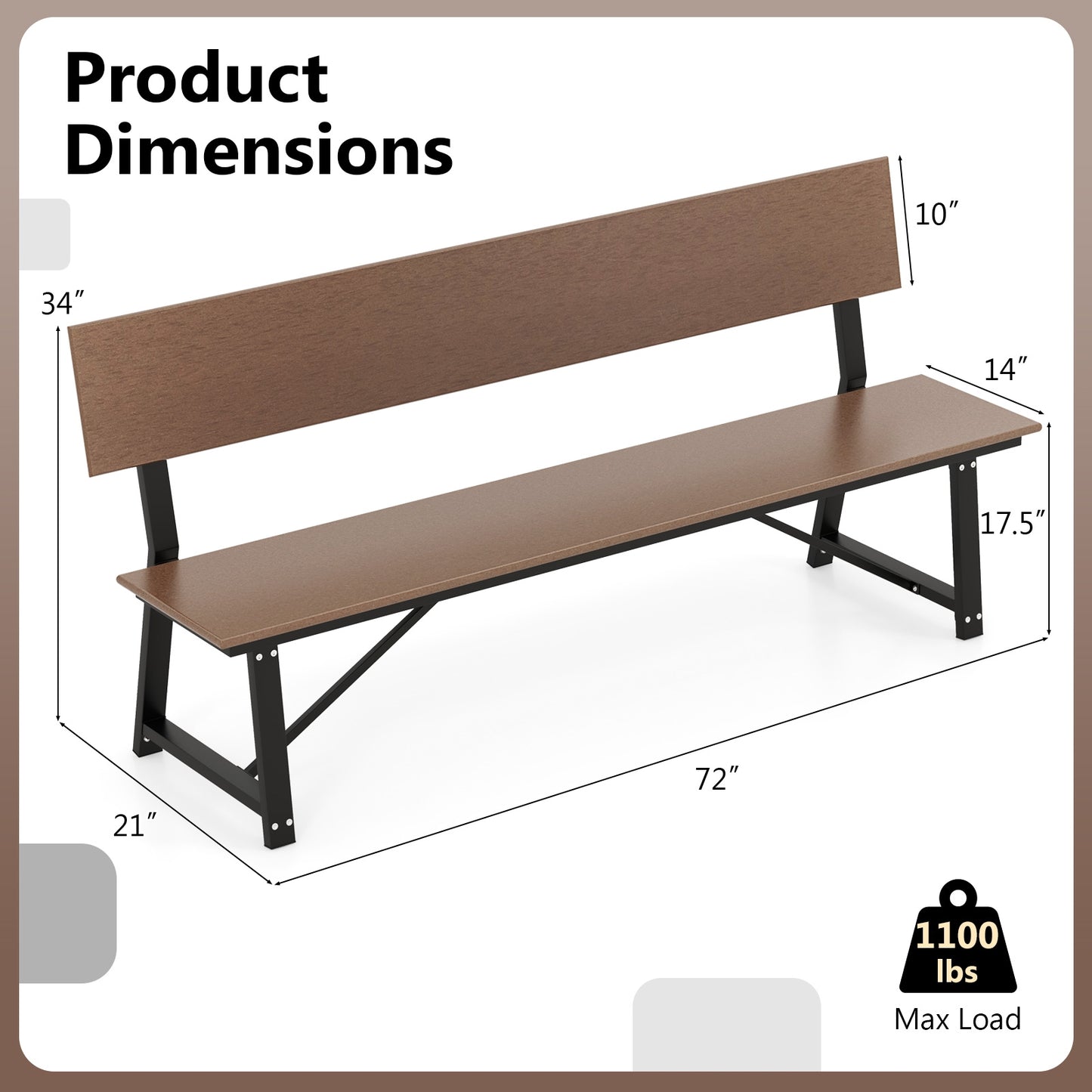 72 Inch Extra Long Bench with All-Weather HDPE Seat & Back for Yard Garden Porch, Brown Outdoor Benches at Gallery Canada