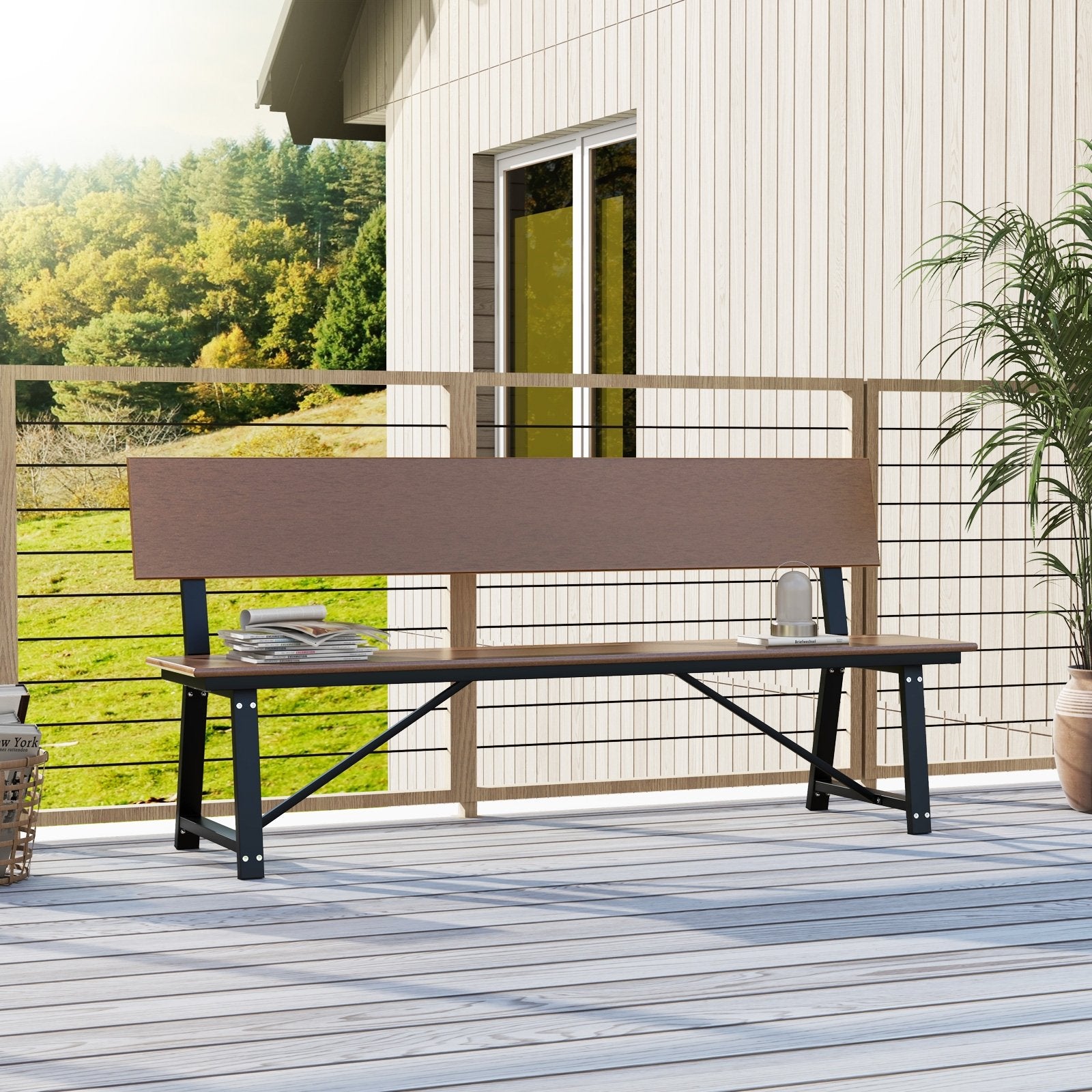 72 Inch Extra Long Bench with All-Weather HDPE Seat & Back for Yard Garden Porch, Brown Outdoor Benches at Gallery Canada