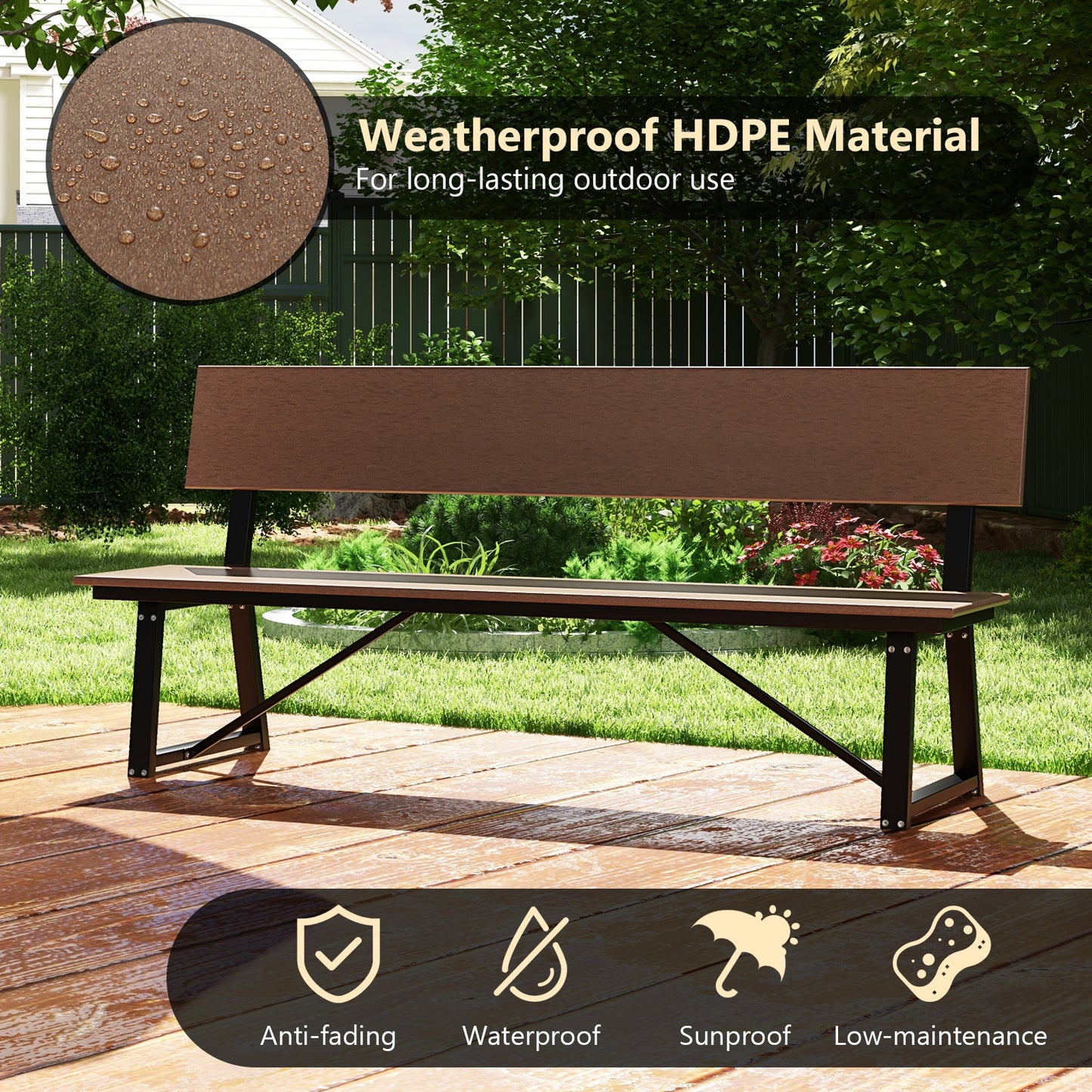 72 Inch Extra Long Bench with All-Weather HDPE Seat & Back for Yard Garden Porch, Brown Outdoor Benches at Gallery Canada